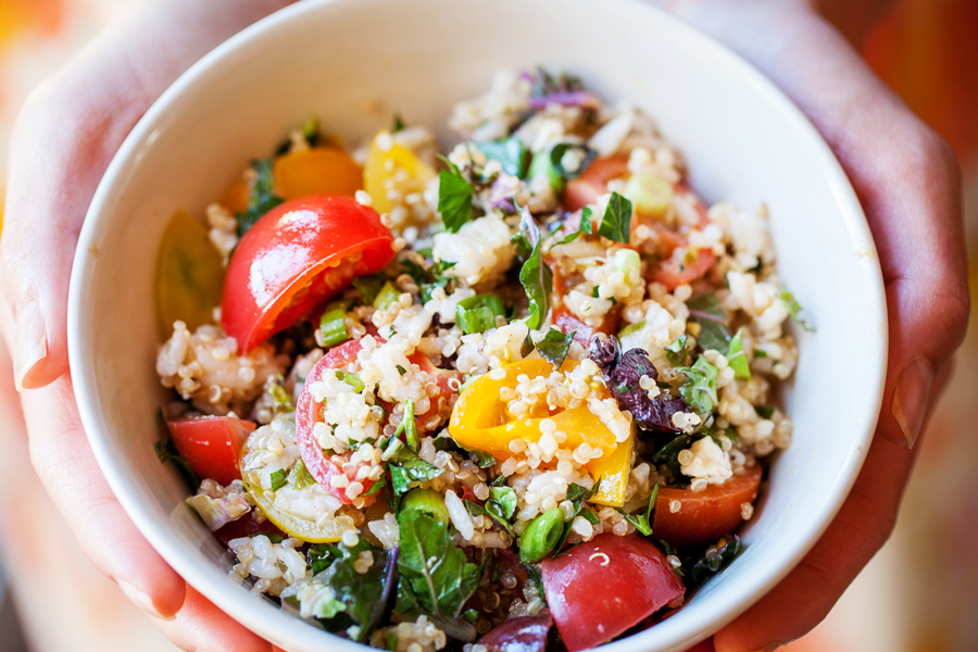 Mediterranean Rice & Quinoa Bowl with Salmon Kebabs | The PKP Way